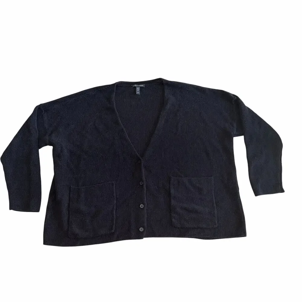Eileen Fisher Organic Linen Cotton Blend Black Cardigan XL Oversized Open V-Neck - Picture 5 of 9